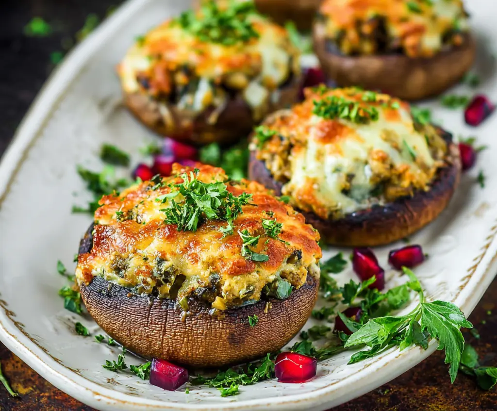 Delicious Autumn Harvest Stuffed Portobello Mushrooms with colorful seasonal vegetables and herbs.