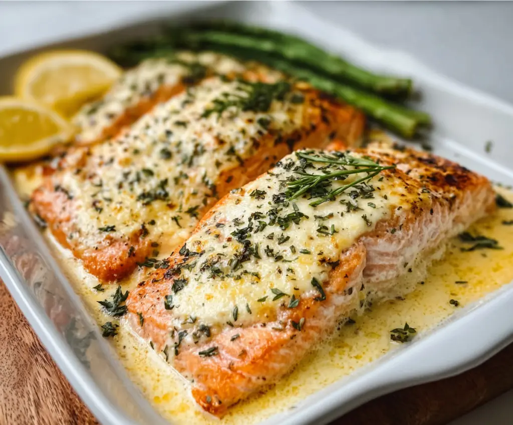 Delicious baked Boursin salmon fillet garnished with fresh herbs, ready to serve.