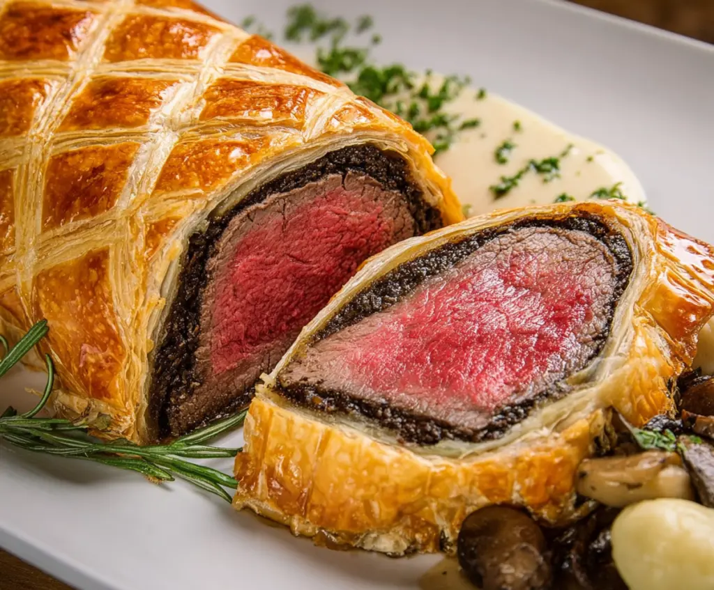 Delicious Beef Wellington with golden puff pastry, tender beef fillet, and mushroom duxelles on a rustic plate.