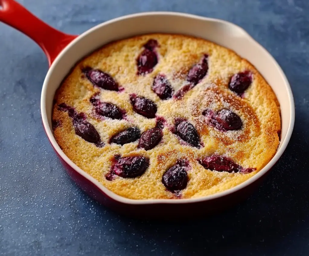 Delicious Blueberry-Ginger Clafoutis in a rustic ceramic dish topped with fresh blueberries and grated ginger.
