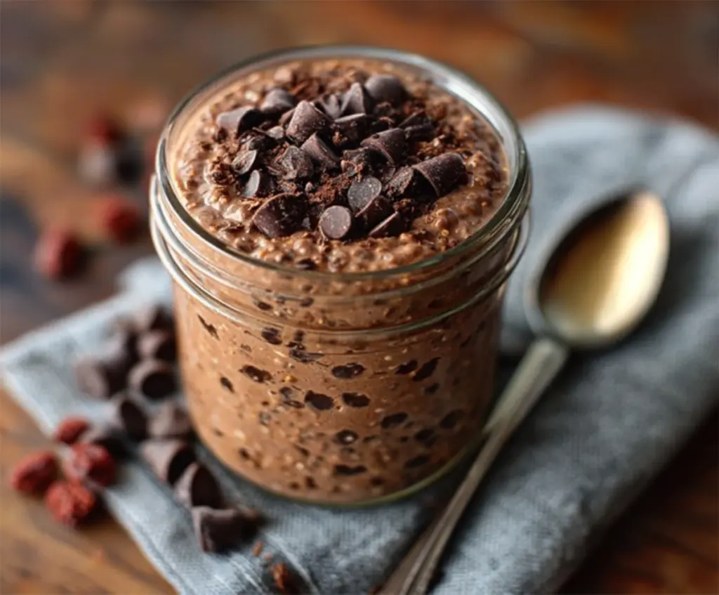 Creamy brownie batter overnight oats topped with chocolate chips and sliced almonds for a delicious breakfast.