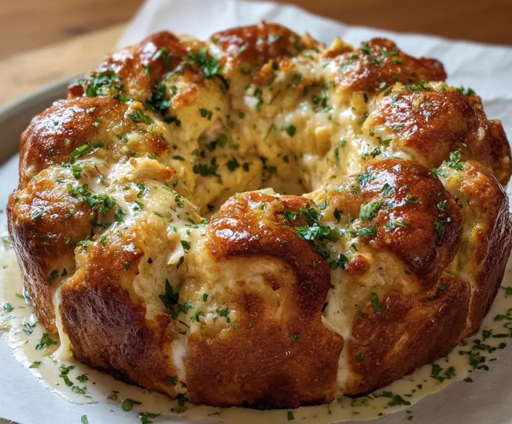 Delicious Chicken Alfredo Monkey Bread topped with melted cheese and herbs.