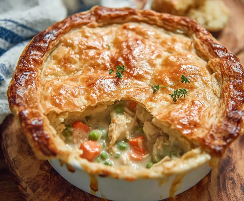 Savory chicken pot pie with golden flaky crust and hearty filling.