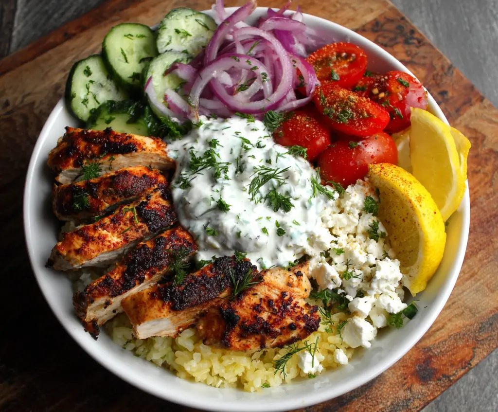 Fresh Chicken Tzatziki Bowl topped with cucumbers, tomatoes, and herbs on a white plate.