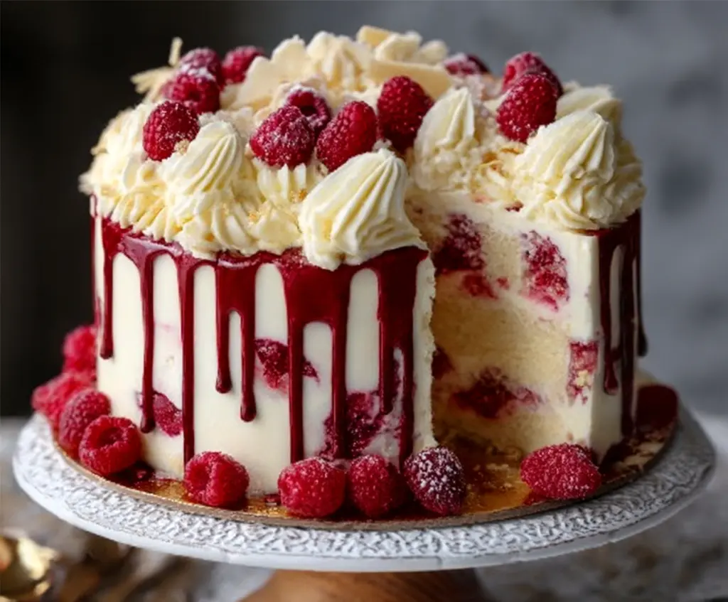 Delicious Decadent White Chocolate Raspberry Dream Cake with fresh raspberries and a creamy white chocolate frosting
