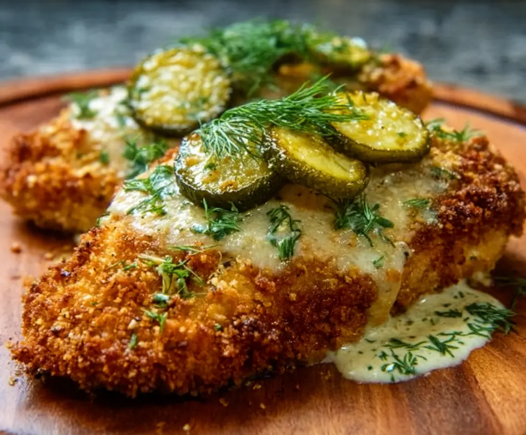 Juicy Dill Pickle Parmesan Chicken served on a plate with fresh herbs, showcasing a crispy golden crust.