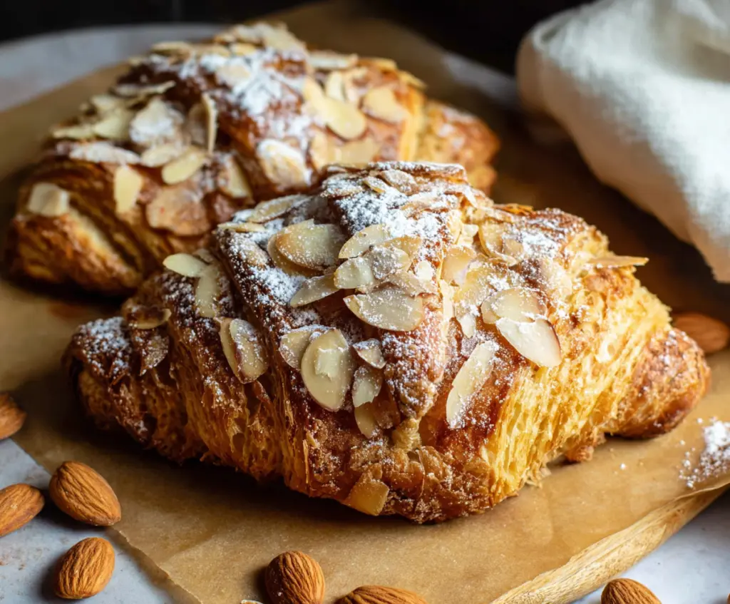 Delicious homemade almond croissants with flaky golden pastry and almond filling