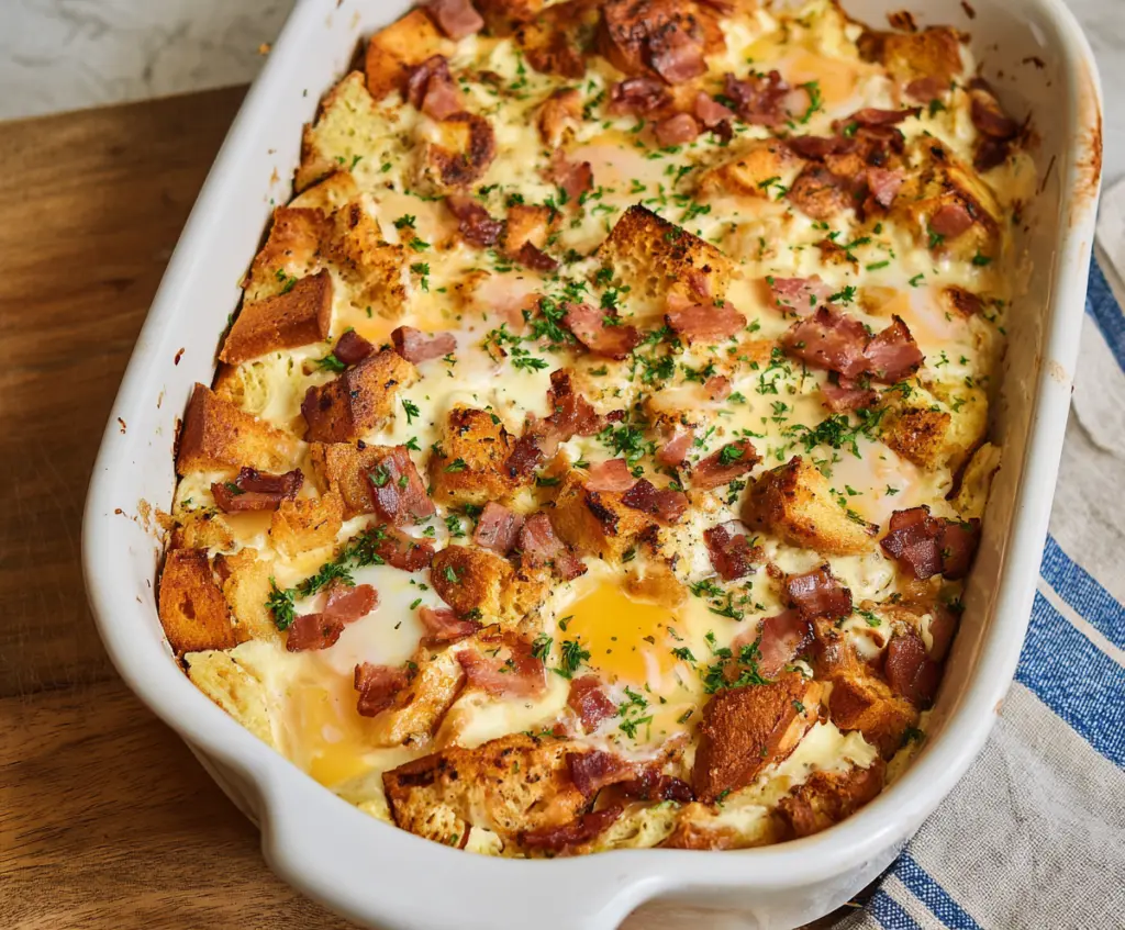 Delicious Eggs Benedict Casserole for a hearty breakfast, featuring eggs, ham, and hollandaise sauce.
