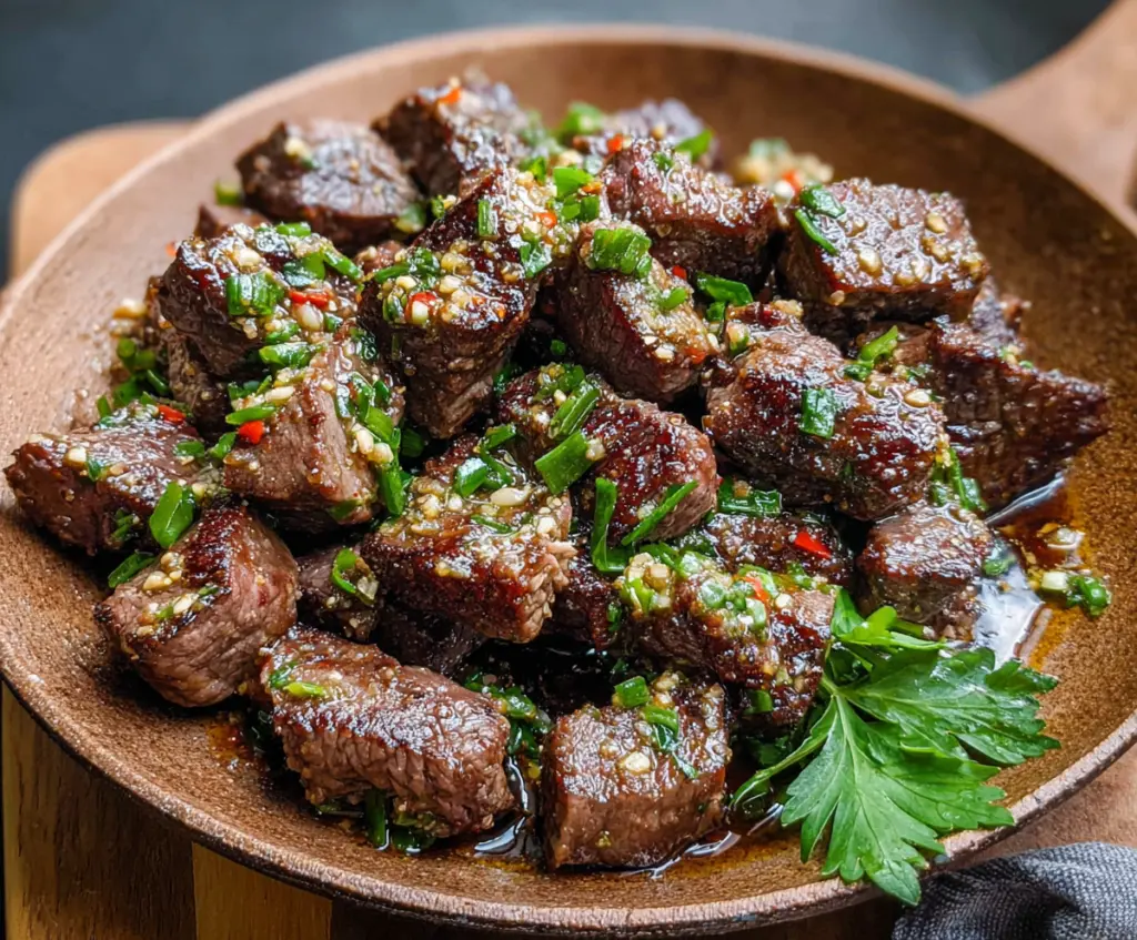 Close-up of juicy garlic butter steak bites served on a plate, garnished with herbs.