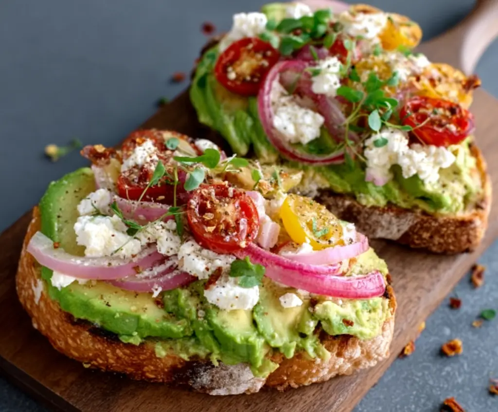 Delicious Greek avocado toast garnished with fresh herbs and cherry tomatoes on a rustic wooden board.