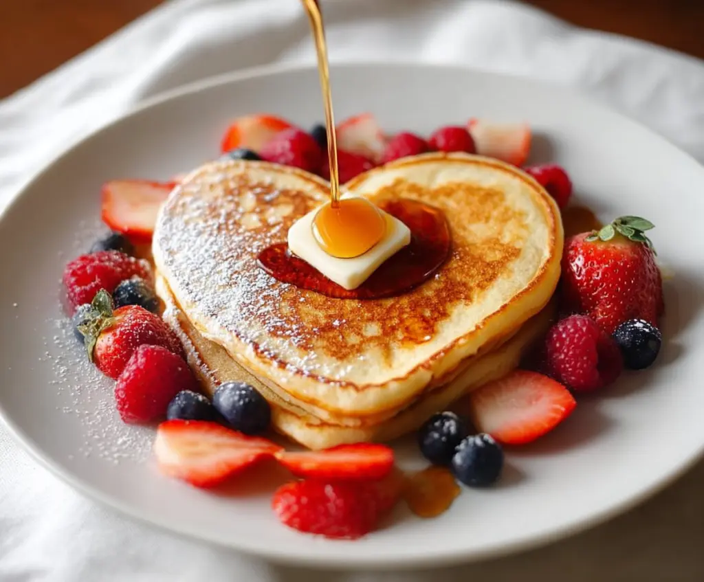 Delicious heart-shaped pancakes on a plate, perfect for a romantic breakfast or special occasion.