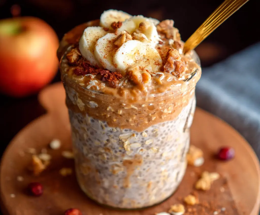 Nutritious high protein gingerbread overnight oats in a glass jar topped with gingerbread spices and a drizzle of honey, perfect for a healthy breakfast.