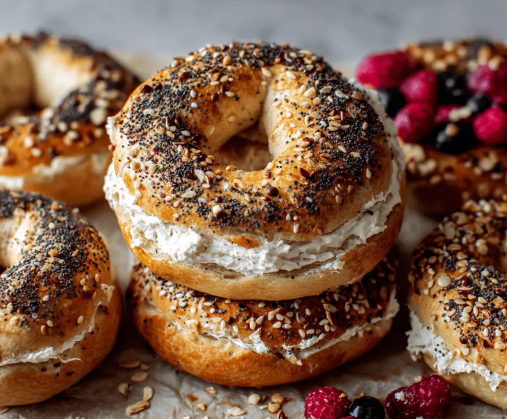 Delicious high protein Greek yogurt bagels on a plate, perfect for a healthy breakfast.