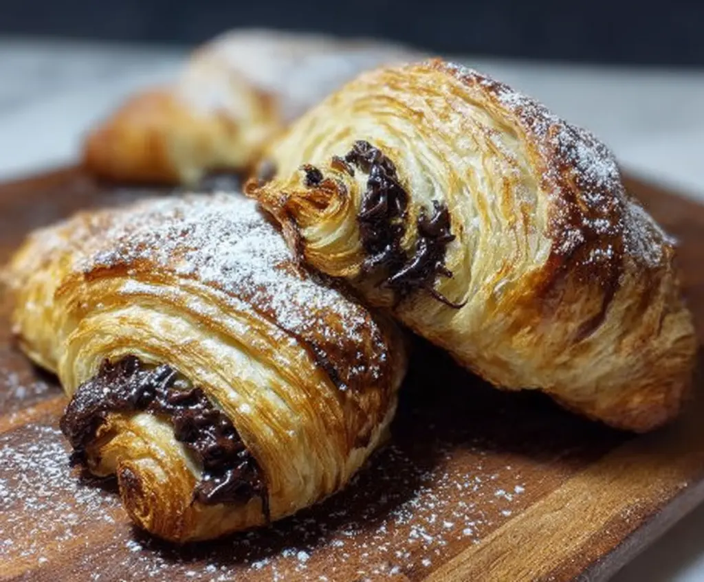 Delicious homemade chocolate croissants with flaky golden pastry and rich chocolate filling.