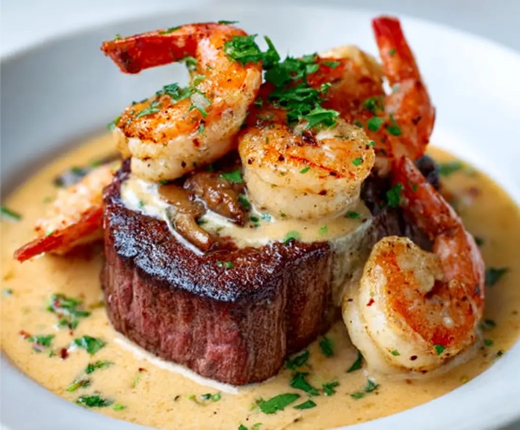Delicious filet mignon topped with shrimp and lobster cream sauce served on a fancy plate.