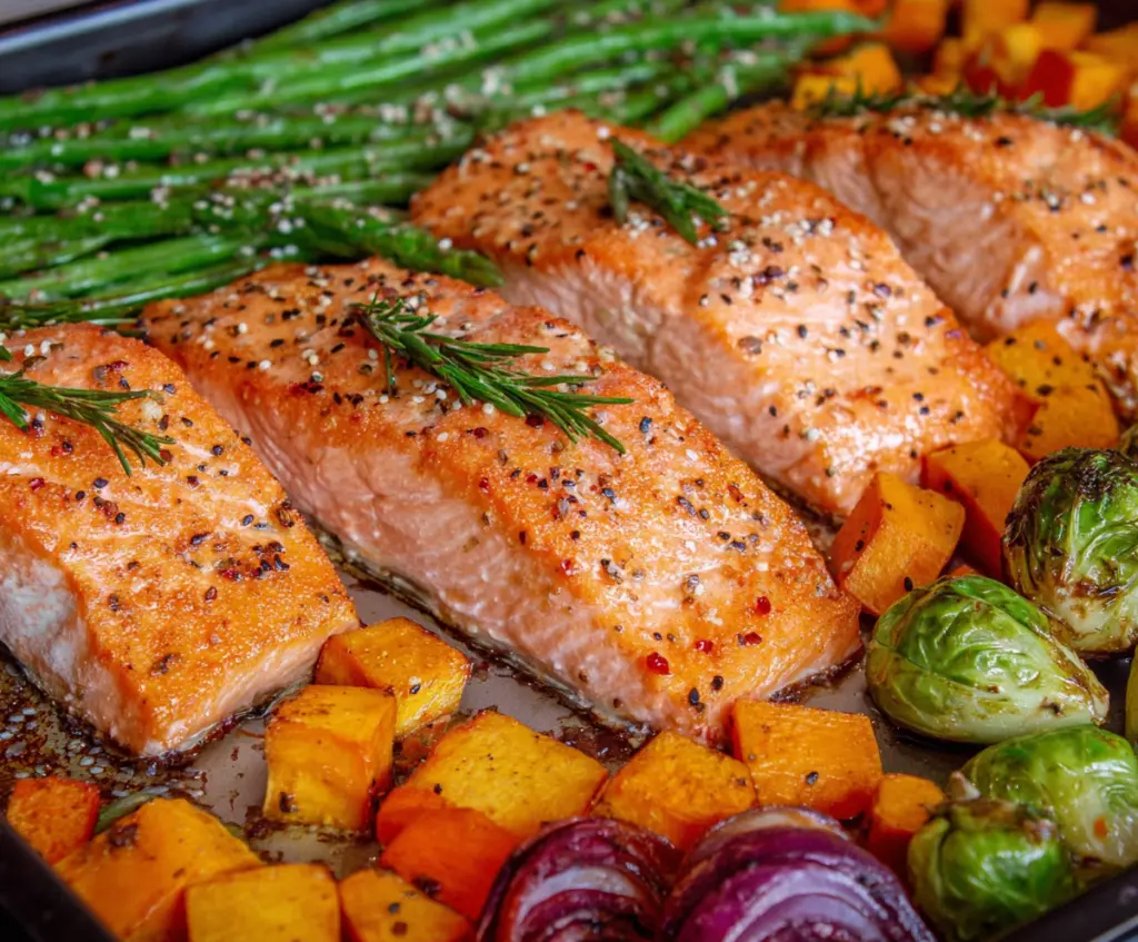 Delicious Maple Glazed Sheet Pan Salmon served with fresh vegetables on a baking sheet.