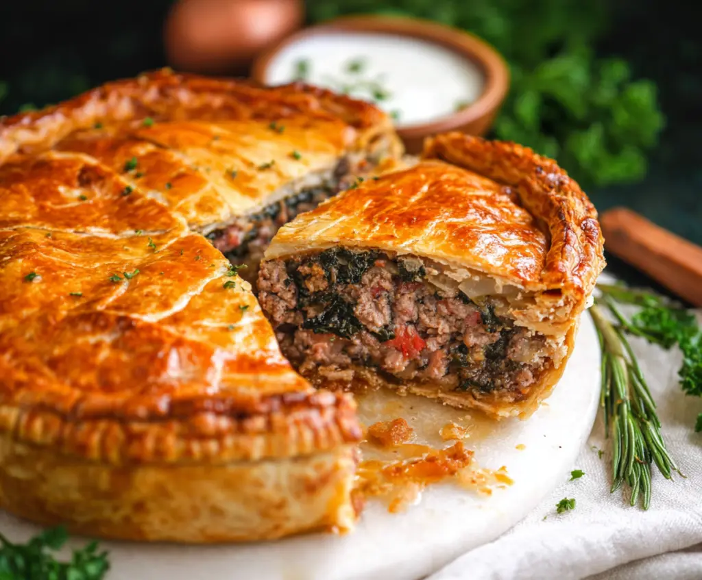 Delicious homemade meat pie with golden crust and savory filling, perfect for family dinners.