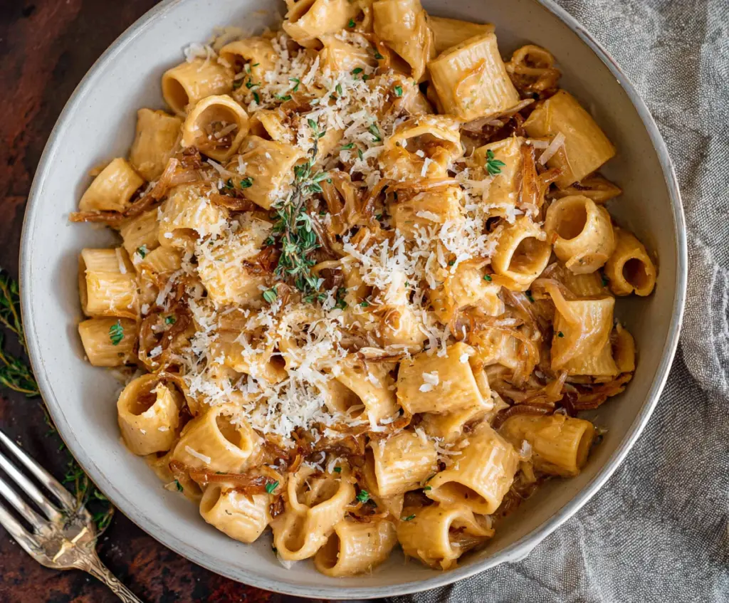 Delicious One Pot French Onion Pasta garnished with melted cheese and caramelized onions.