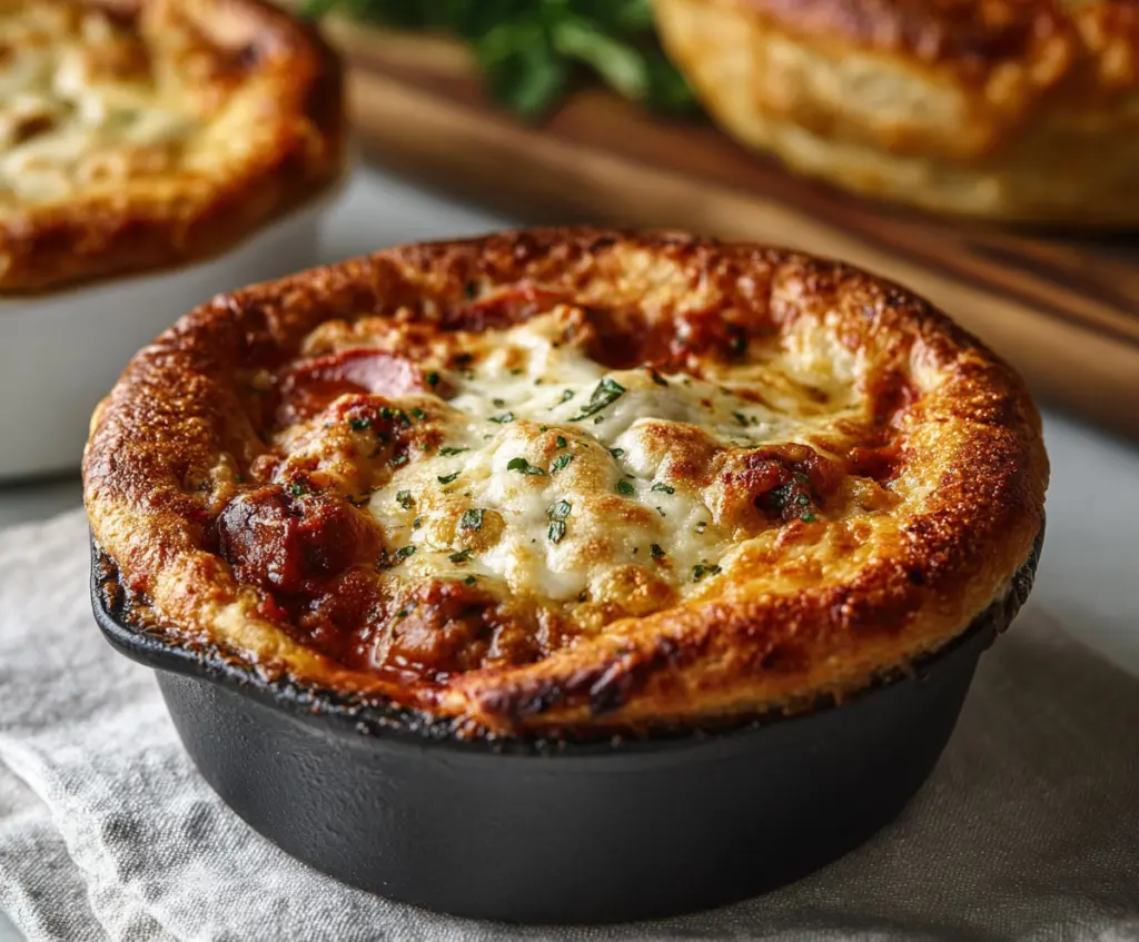 Delicious homemade pizza pot pies with golden crust and savory toppings.