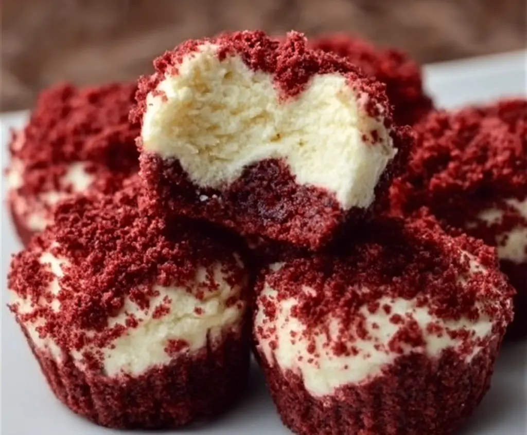 Delicious Red Velvet Cheesecake Bites with cream cheese topping on a white plate