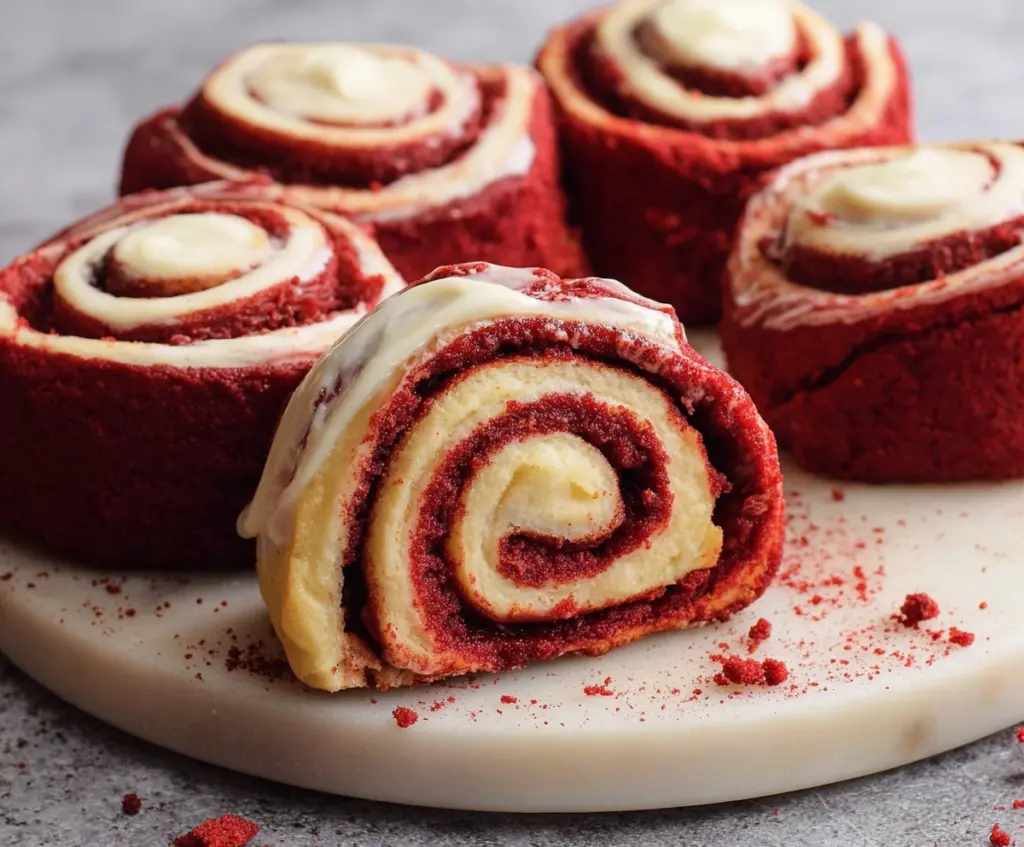 Delicious red velvet cinnamon rolls topped with cream cheese frosting, perfect for breakfast or dessert.