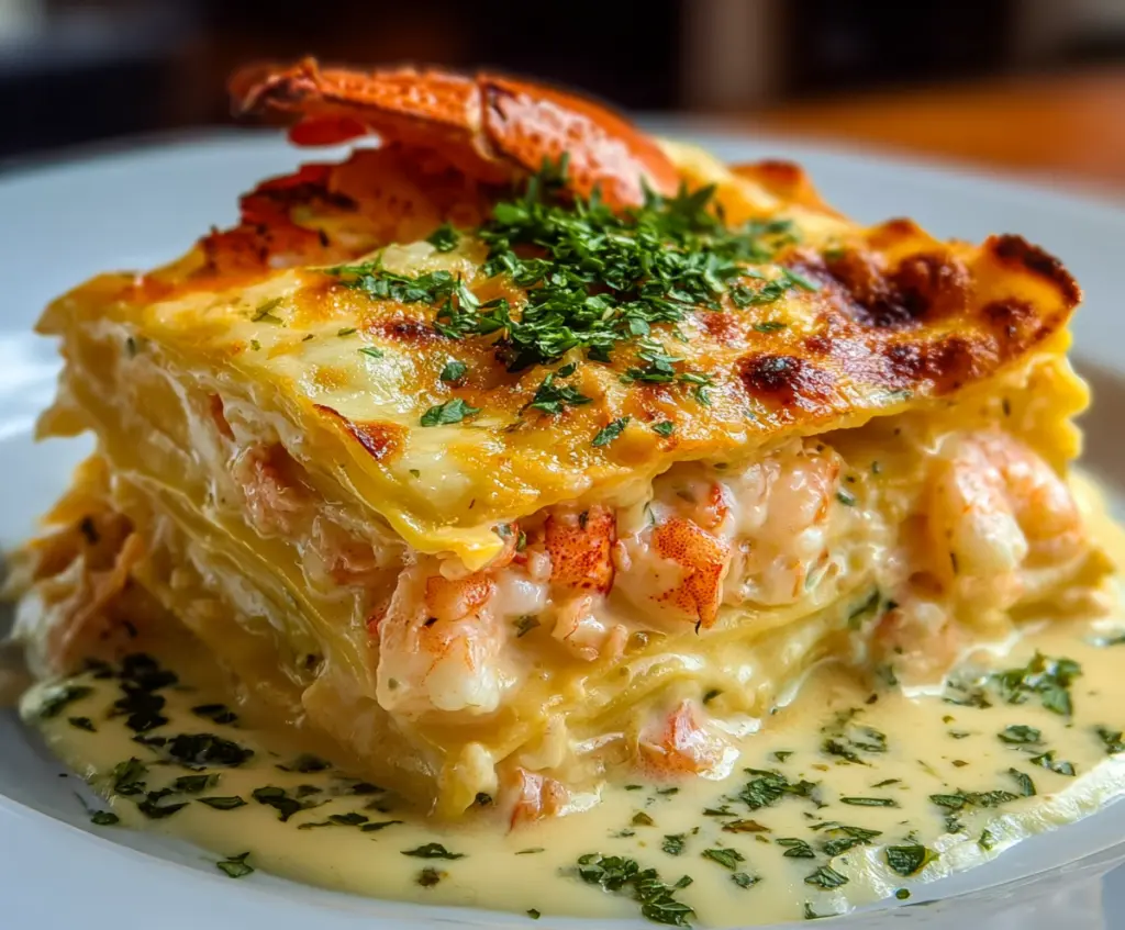 Delicious seafood lasagna with lobster and shrimp served on a plate.