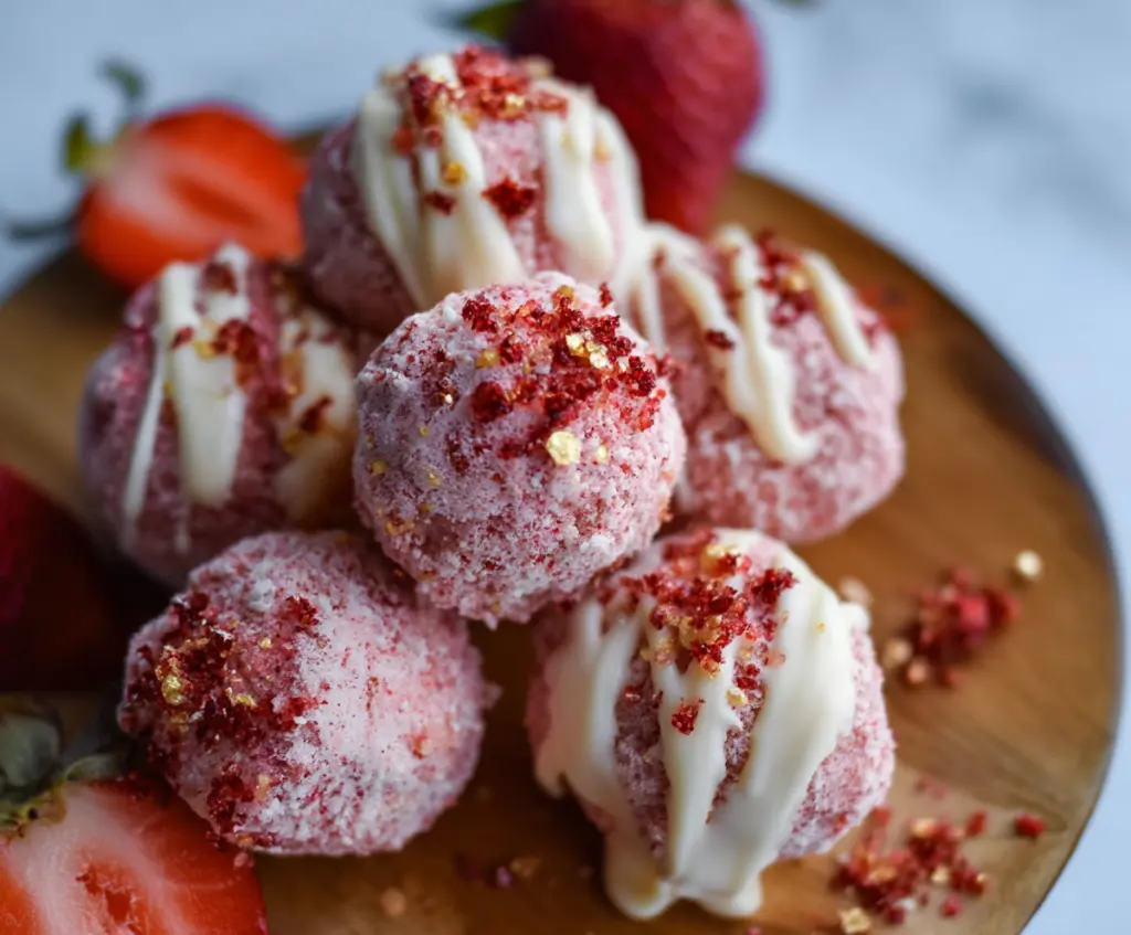 Delicious Strawberry Cheesecake Truffle Balls garnished with fresh strawberries and chocolate drizzle.