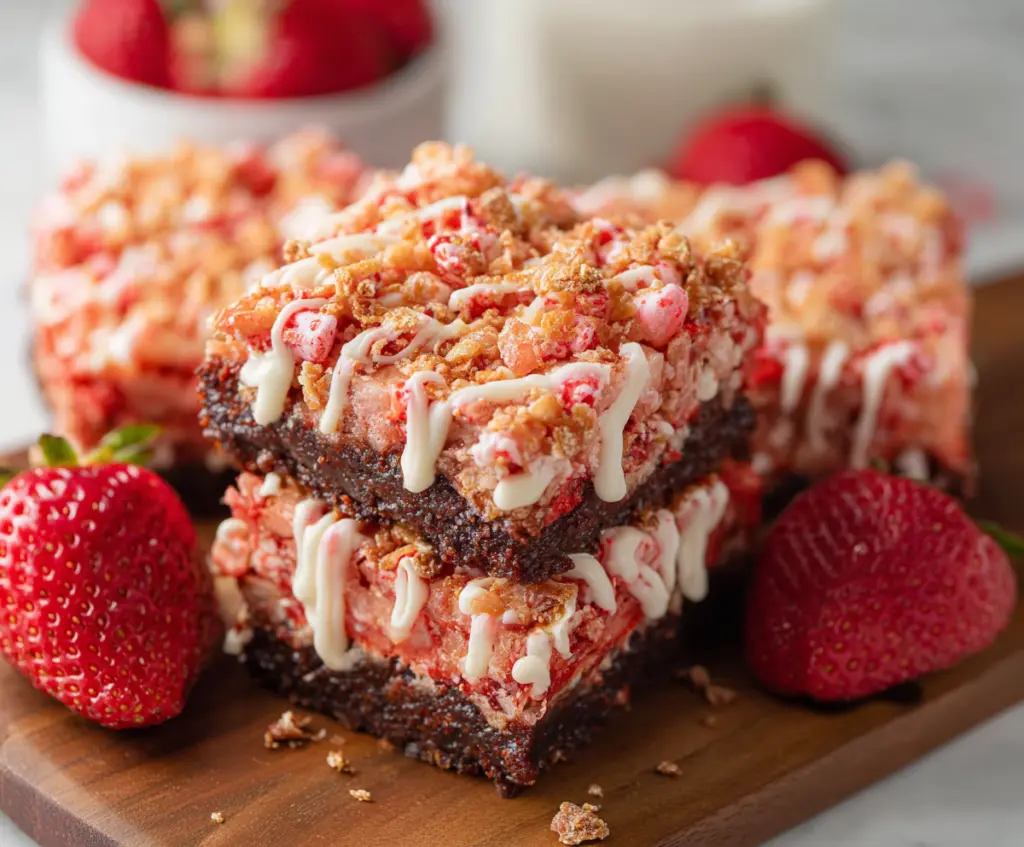 Delicious Strawberry Crunch Brownies topped with fresh strawberries and crunchy topping, perfect for dessert lovers.
