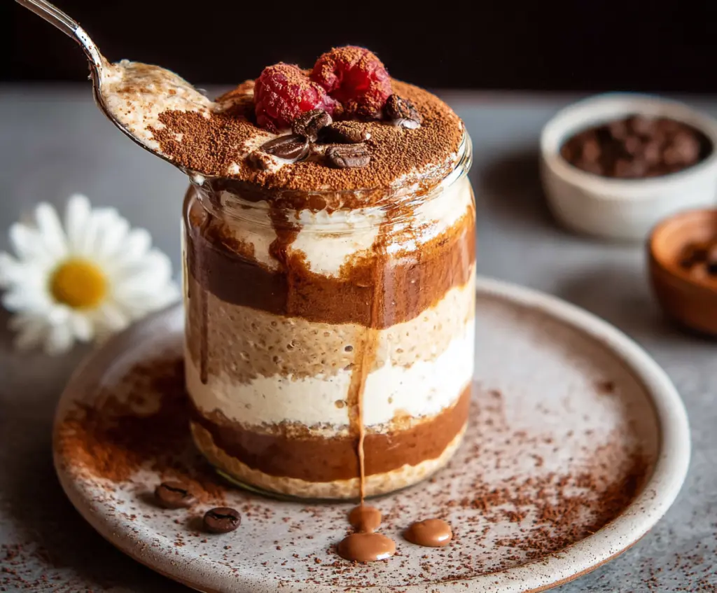 Delicious Tiramisu Overnight Oats layered with coffee-soaked oats and mascarpone cream in a glass jar.
