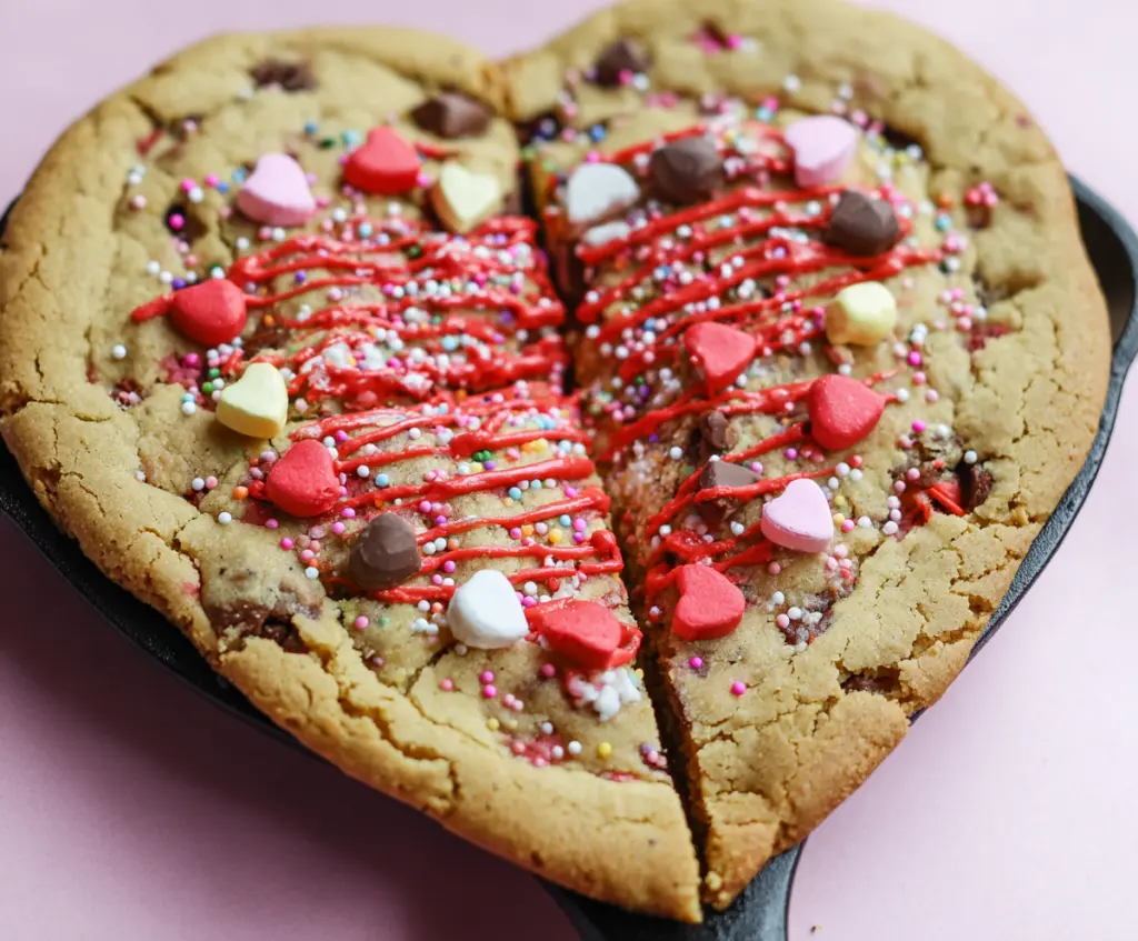 Delicious Valentine’s Day Heart Skillet Cookie fresh out of the oven, perfect for a romantic celebration.