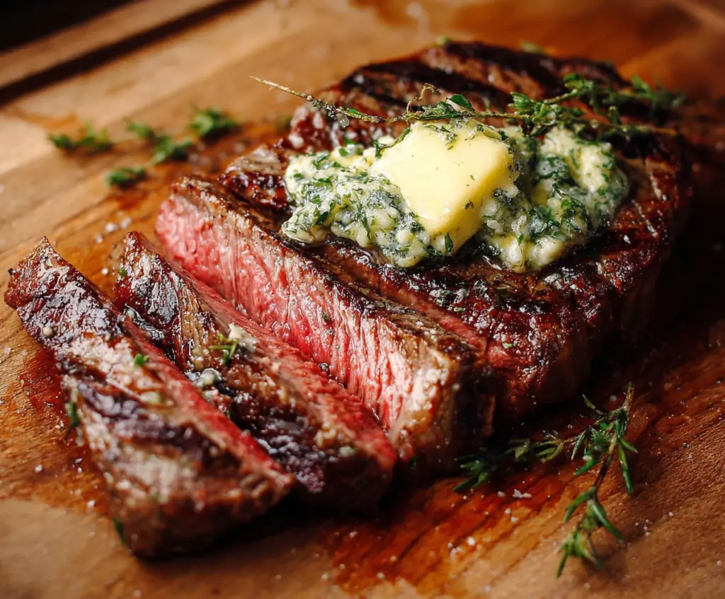 Juicy Wagyu steak topped with melted garlic butter, served on a wooden platter.
