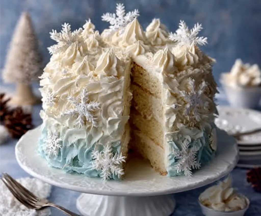 Delicious Winter Vanilla Snowflake Cake decorated with snowy icing and festive toppings perfect for the holiday season.