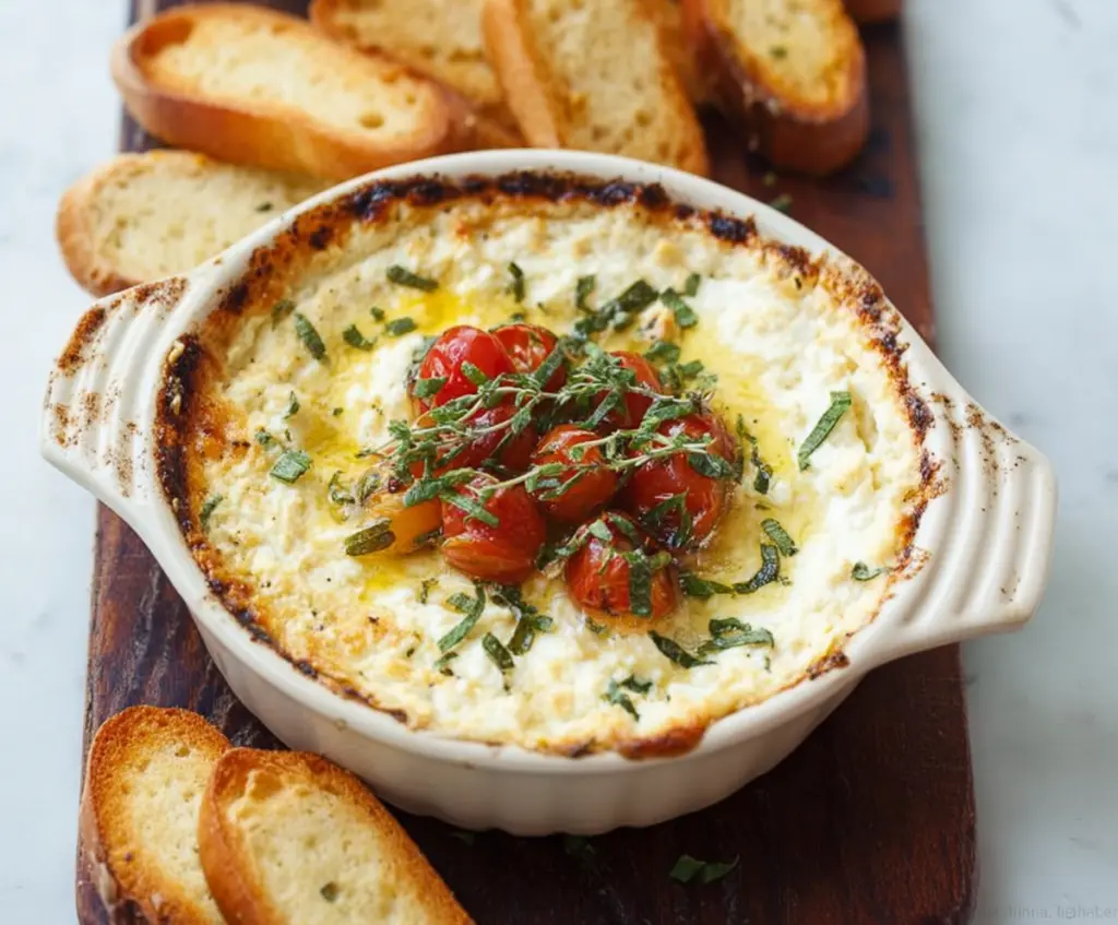Delicious baked goat cheese dip served with fresh herbs and crispy bread for a creamy appetizer.