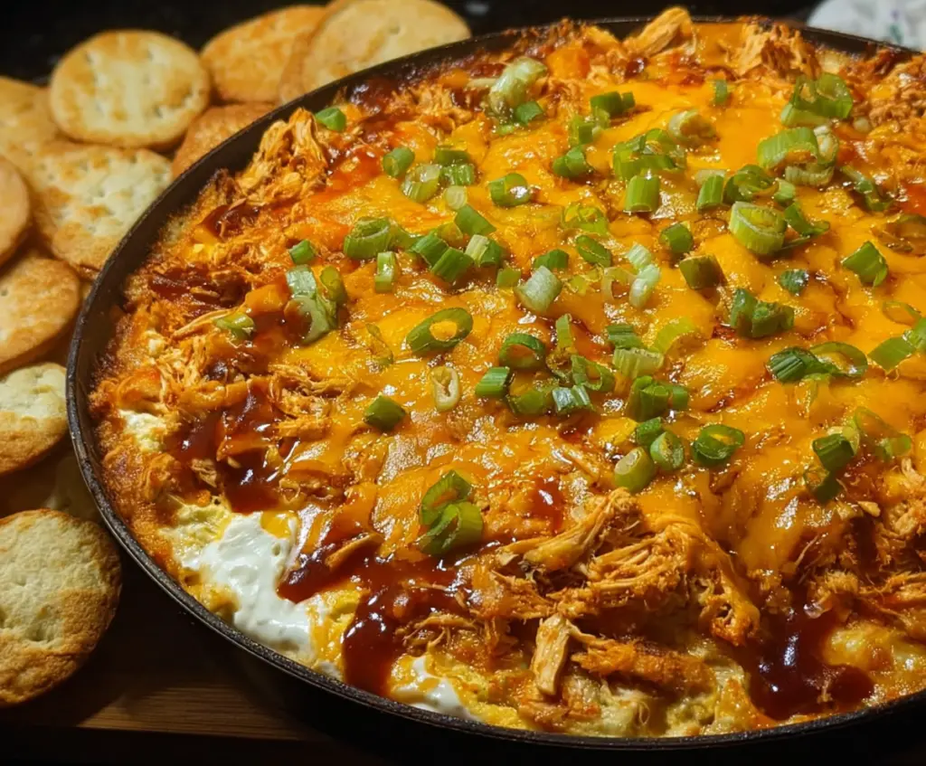 Delicious BBQ chicken dip served with crispy chips for a tasty appetizer