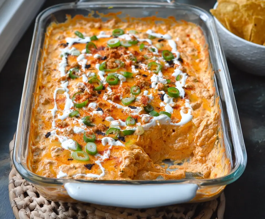 Delicious Bold Cheesy Texas Trash Dip served in a bowl with tortilla chips on the side.
