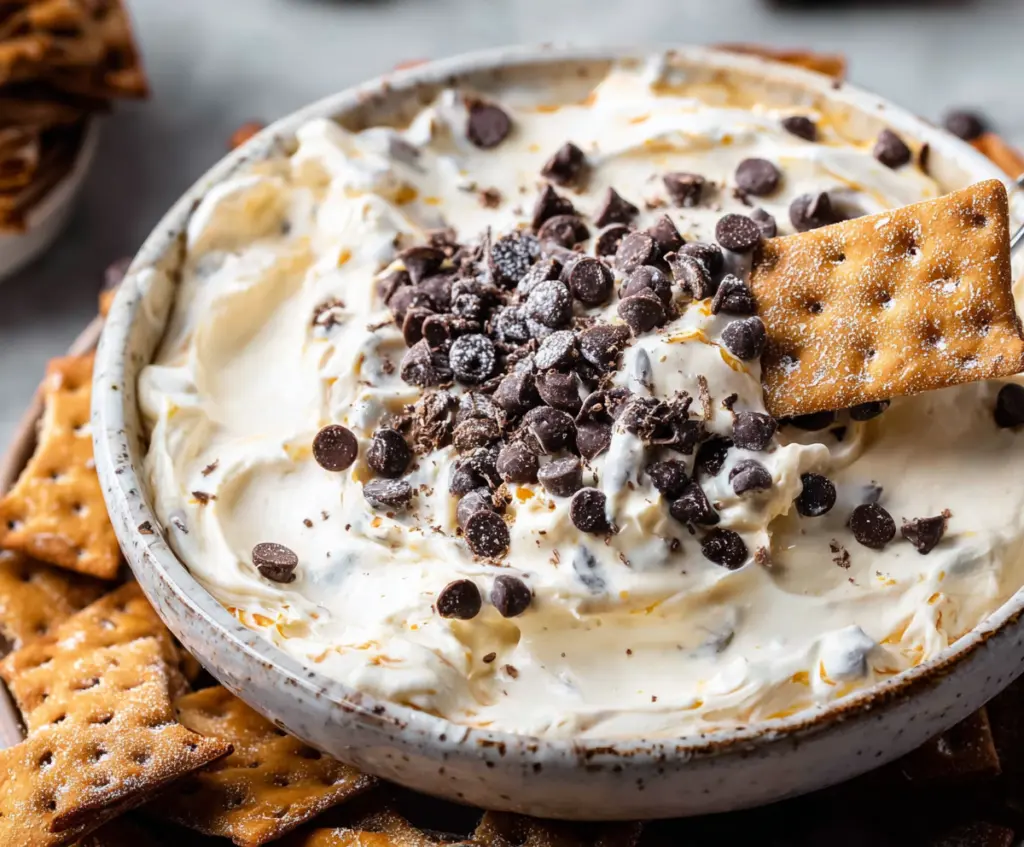 Creamy Cannoli Dip with ricotta cheese, chocolate chips, and crushed cannoli shells in a glass serving bowl.