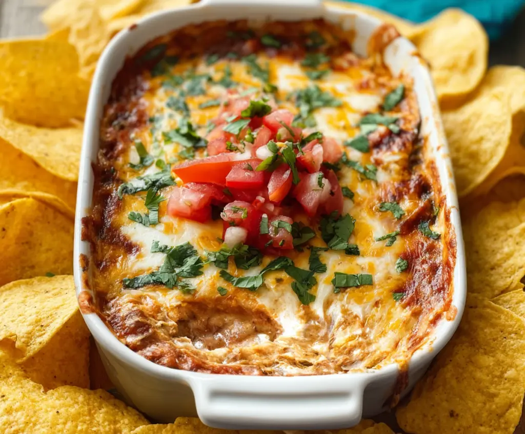 Creamy cheesy bean dip served with fresh tortilla chips, perfect for parties and snacking.
