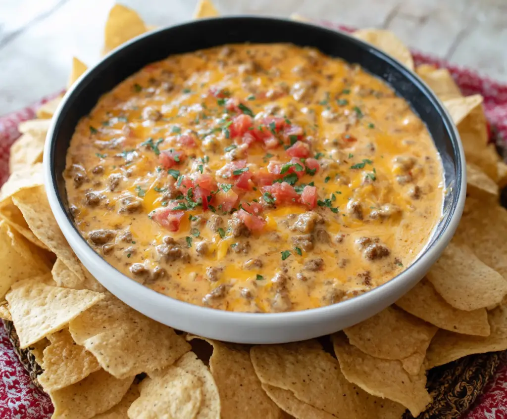 Delicious cheesy sausage Rotel dip in a serving bowl with melted cheese and sausage pieces