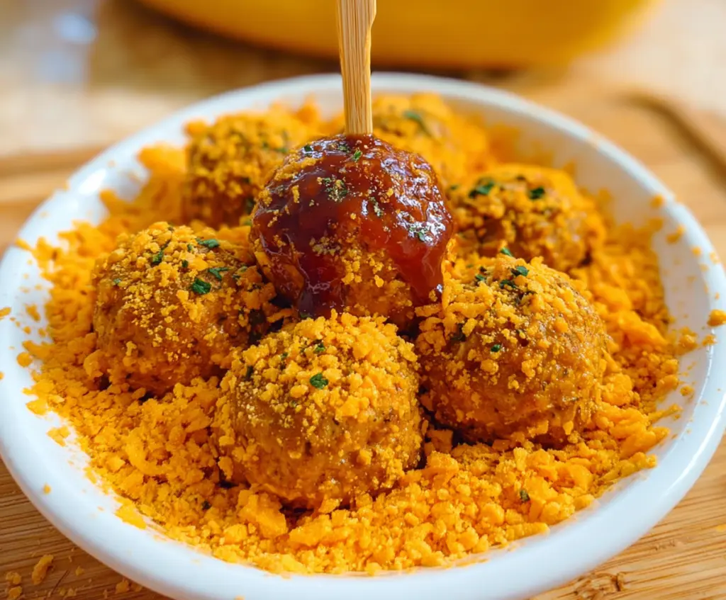 Delicious Dorito Meatballs served on a plate, garnished with herbs.