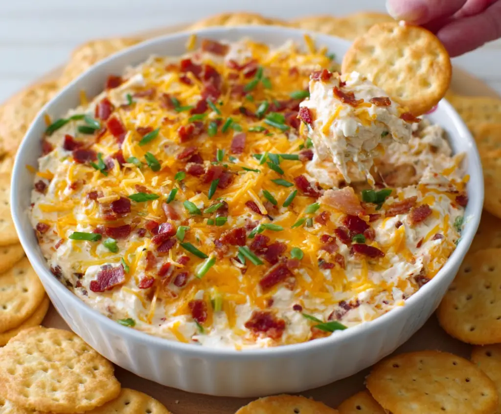 Creamy and cheesy Million Dollar Dip Recipe with fresh herbs served in a bowl.