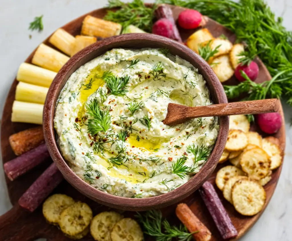 Creamy hearts of palm dip served with fresh vegetables and crackers, perfect for appetizers and parties.