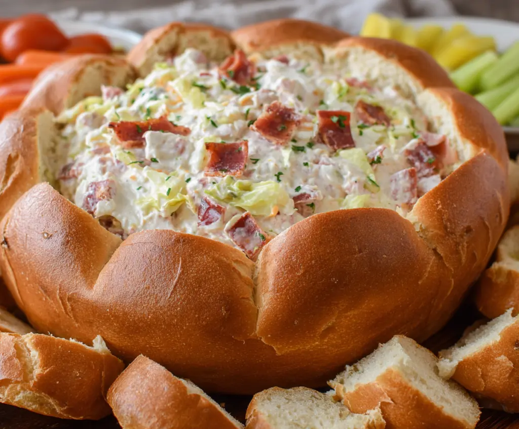 Creamy Hoagie Dip served with fresh vegetables and tortilla chips, perfect for parties.