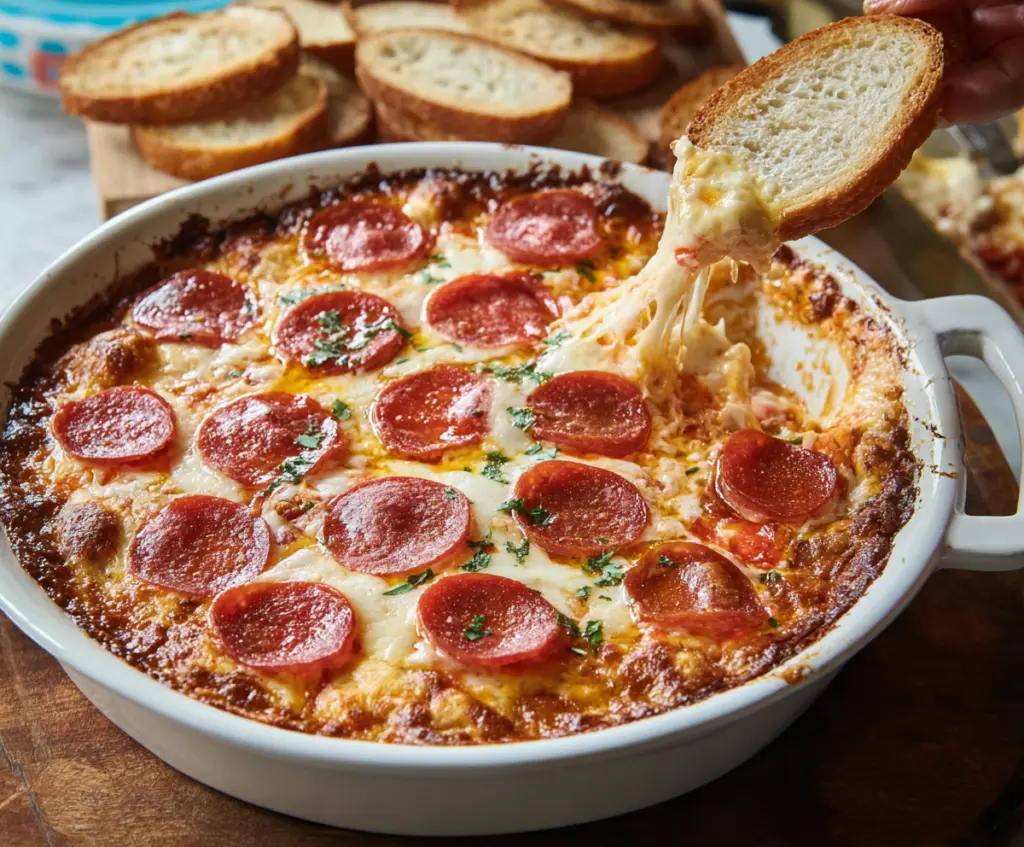 Delicious hot pizza dip with melted cheese, pepperoni, and fresh herbs in a rustic bowl