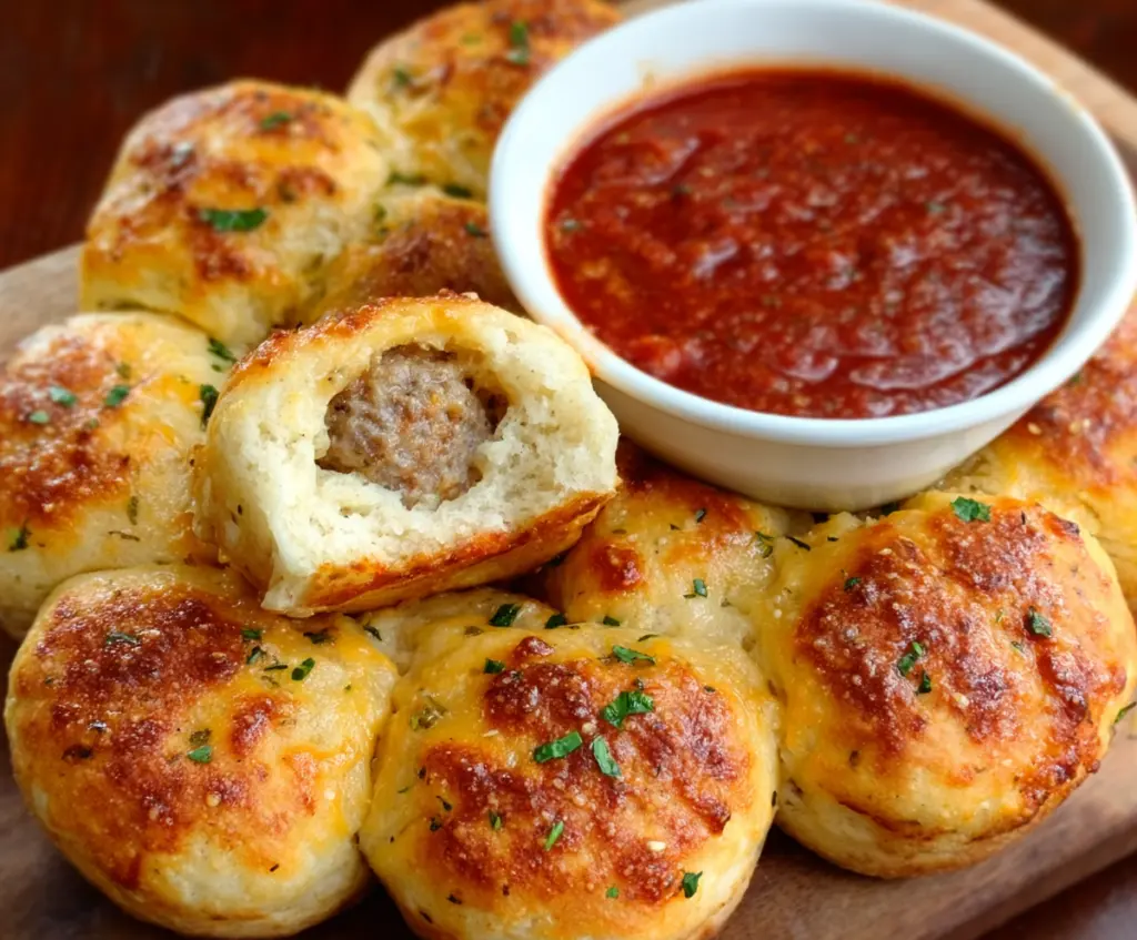 Delicious Meatball Stuffed Biscuits with melted cheese and savory meatballs in flaky biscuit dough