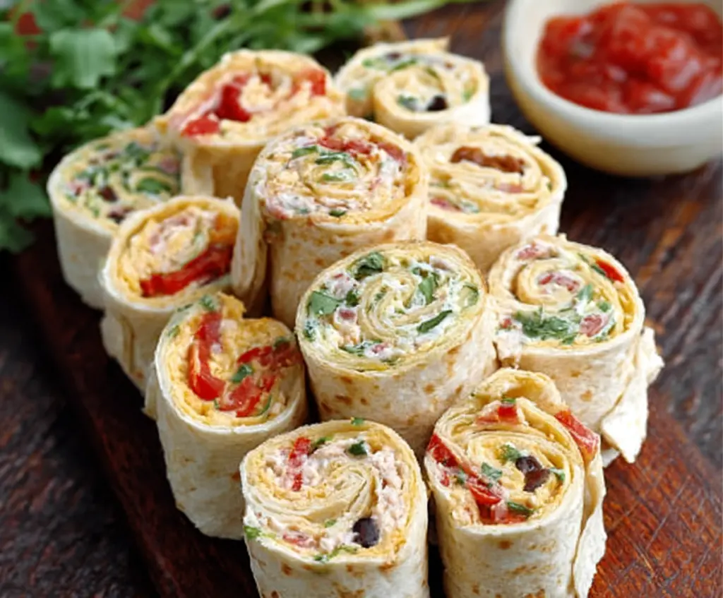 Delicious Mexican tortilla rollups filled with cheese and vegetables, perfect for snacks or parties.
