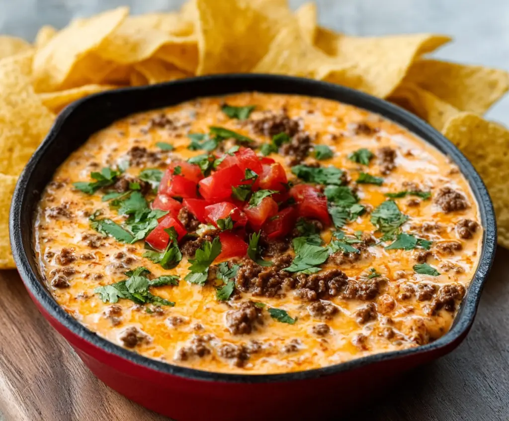 Creamy Rotel dip with seasoned ground beef, perfect for nachos and parties.