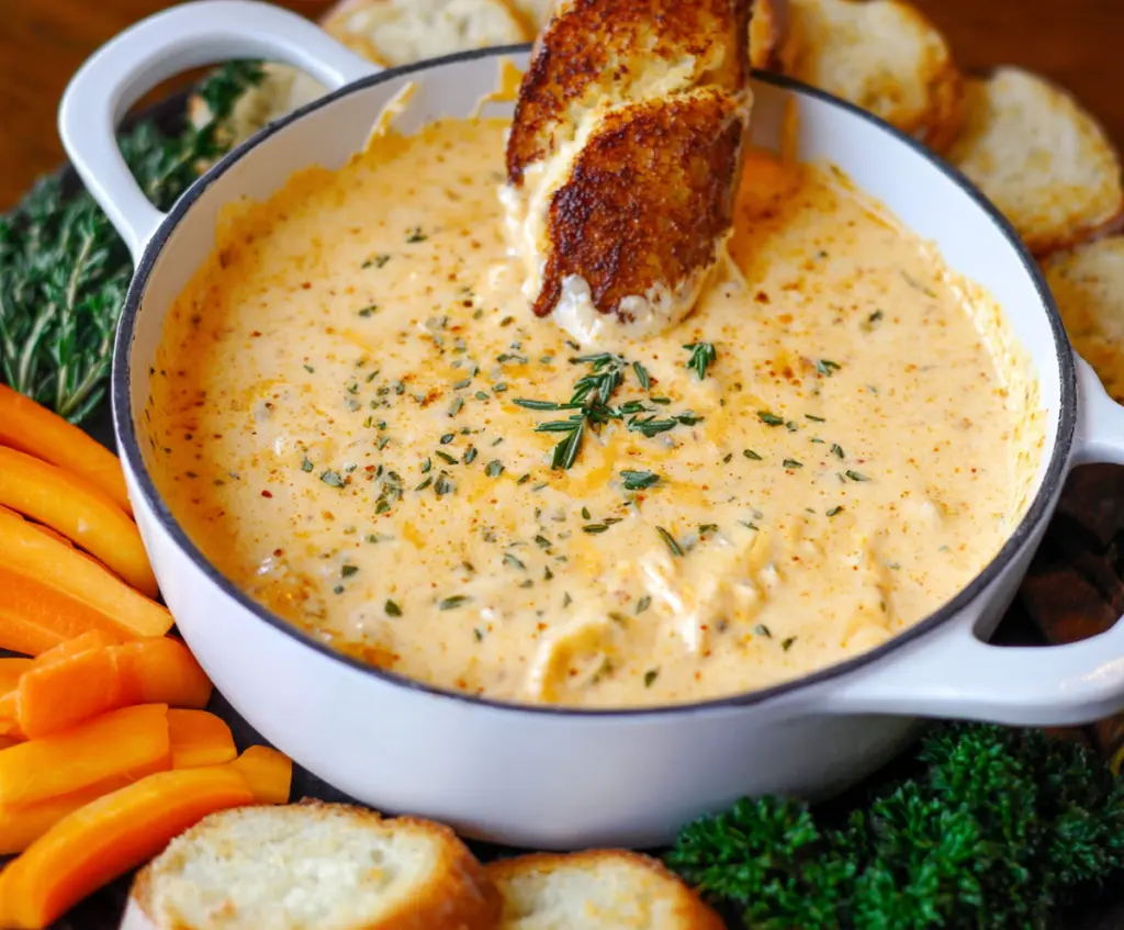 Creamy savory beer cheese dip served in a bowl with pretzels and veggies for a delicious appetizer.