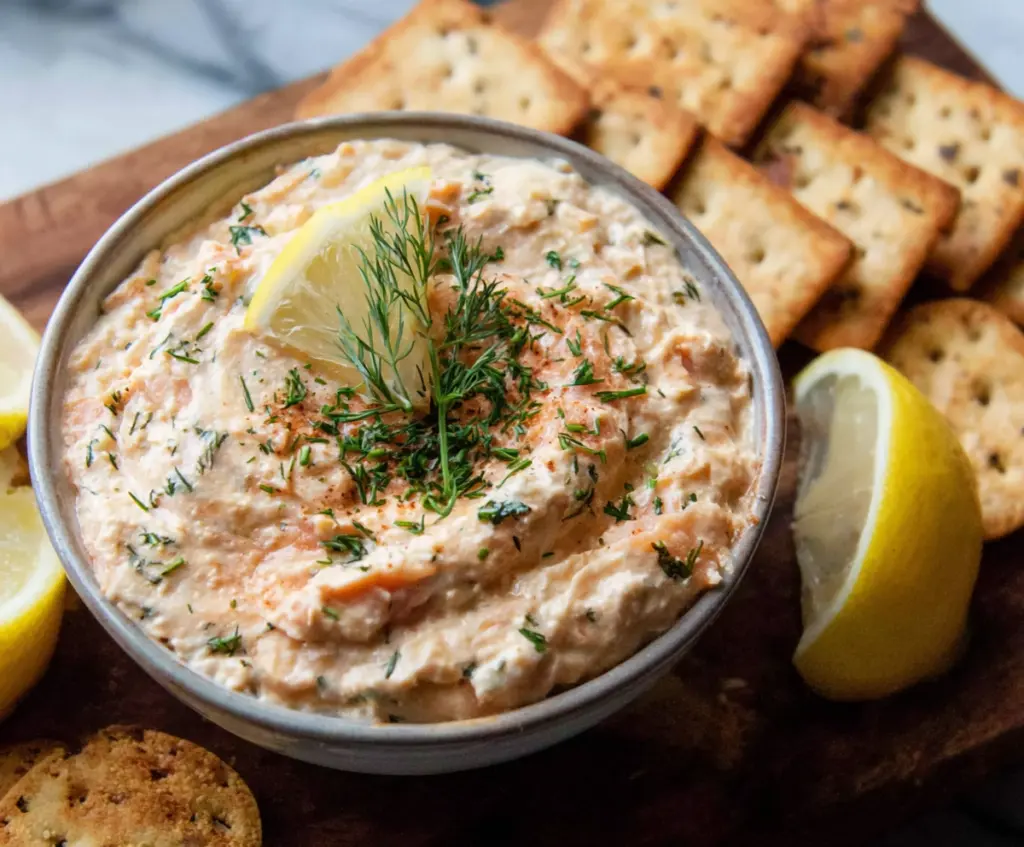 Creamy smoked salmon dip with fresh herbs served as an appetizer or party spread.