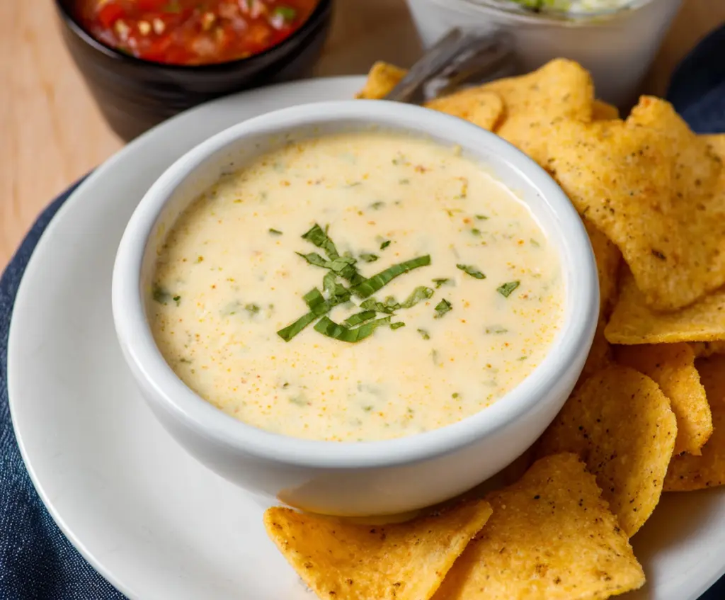 Creamy white queso dip served with tortilla chips, perfect for parties and gatherings.