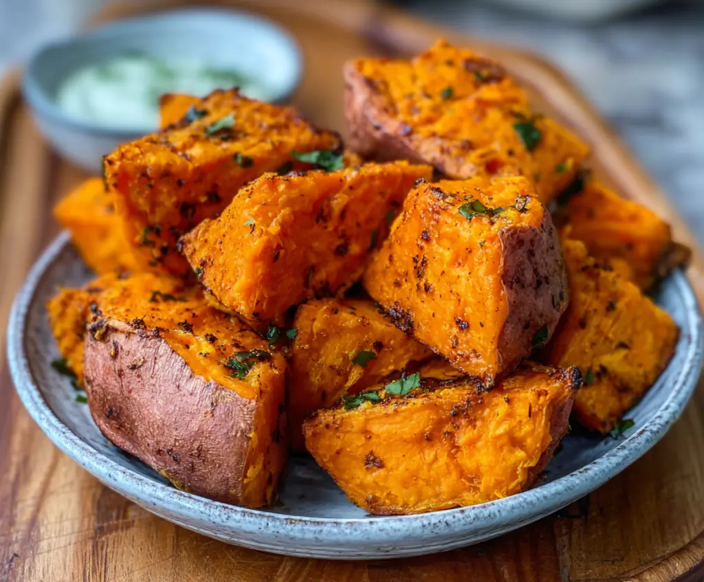 Crispy air fryer sweet potatoes served on a white plate with herbs